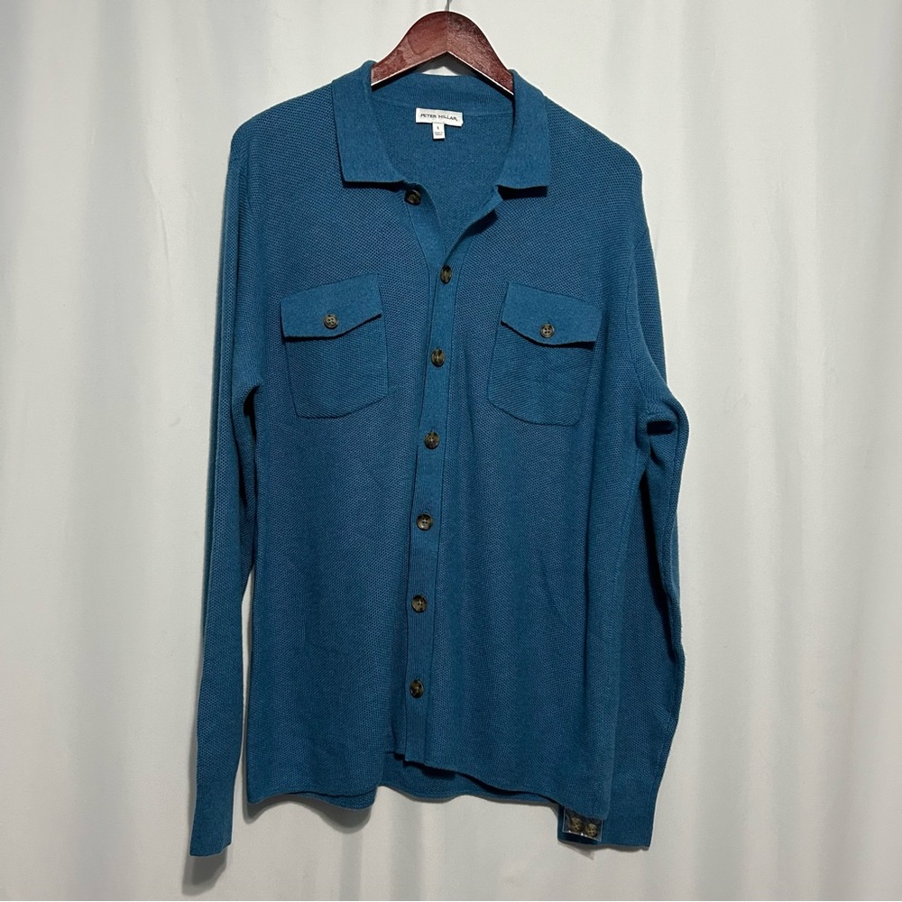 Peter Millar Men's Trenton Pima Cotton Merino Wool Blend Sz L Blue Cardigan New